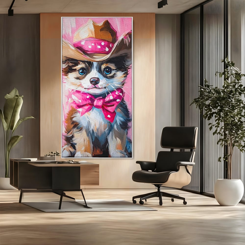 Tablou canvas cu tablou canvas cu catelus cowboy, in rama de aluminiu argintiu, pe perete intr-un birou